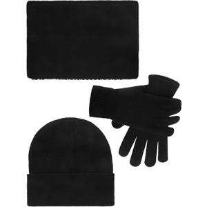 Knitted Beanie Cap Scarf Touchscreen Gloves, 3 Pieces Winter Warm Set for Women Men (Black)
