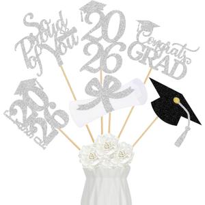 24Pcs 2026 Graduation Table Centerpieces Silver Graduation Centerpieces for Tables 2026 Silver Graduation Centerpieces Sticks for 2026 Graduation Party Table Decorations Silver
