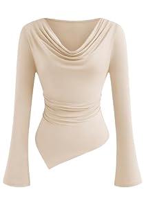 PRETTYGARDEN Womens Bell Long Sleeve Shirts Casual Cowl Neck Asymmetrical Slim Fit Crop Tops Y2K Going Out Spring Clothes (Beige,XXL)