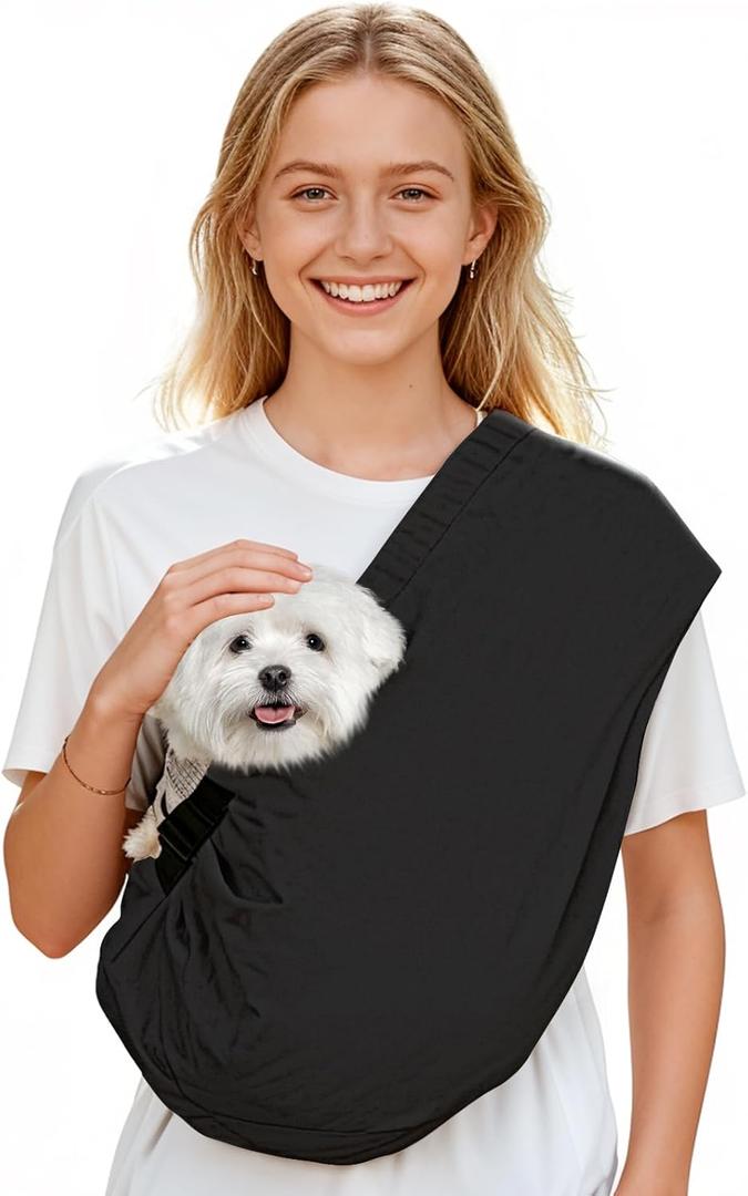 Dog Carrier Sling for Small Dogs Cats- Hands Free Pet Sling Carrier with Mesh Lining Pocket & Safety Hook, Adjustable Cat Dog Front Carrier for Travel, Daily Walk, Outdoor (S, Black)