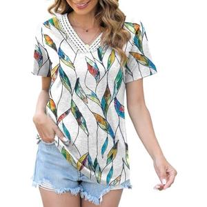 Womens Tops Dressy Casual V Neck Short Sleeve Lace Splice T Shirts Cute Fashion Clothes 2025, Large