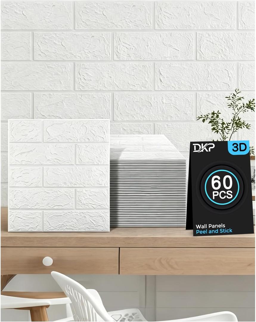 DKP 60Pcs White 3D Foam Wall Panels, Self-Adhesive Brick, 58 Sq Ft