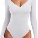 REORIA Long Sleeve Bodysuits for Women Square V Neck Going Out Top Double Lined Thong Body Suit Sexy Slimming Shirt 2025 Fall (Medium, Brilliant White)