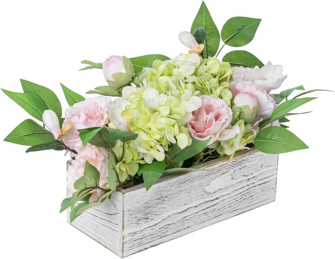 MyGift Artificial Floral Arrangement with Faux Pink Peonies, Green Hydrangea and Foliage in White Washed Solid Wood Planter Box, Tabletop Flower Centerpiece for Home Decor, Wedding, Events