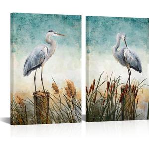 KLVOS Blue Heron Canvas Wall Art Print Coastal Birds Painting Modern Ocean Pictures Artwork for Living Room Bedroom Home Office Bathroom Wall Decor Framed Home Decoration 16x24inchx2Panel