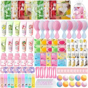 130 PCS Spa Party Supplies for Women, Include Face Masks Skincare, Hand Cream, Lip Balm, Lip Mask, Under Eye Patches,Hair Brush, Foot Bath Bombs,Spa Birthday Sleepover Party Supplies for Girls Women