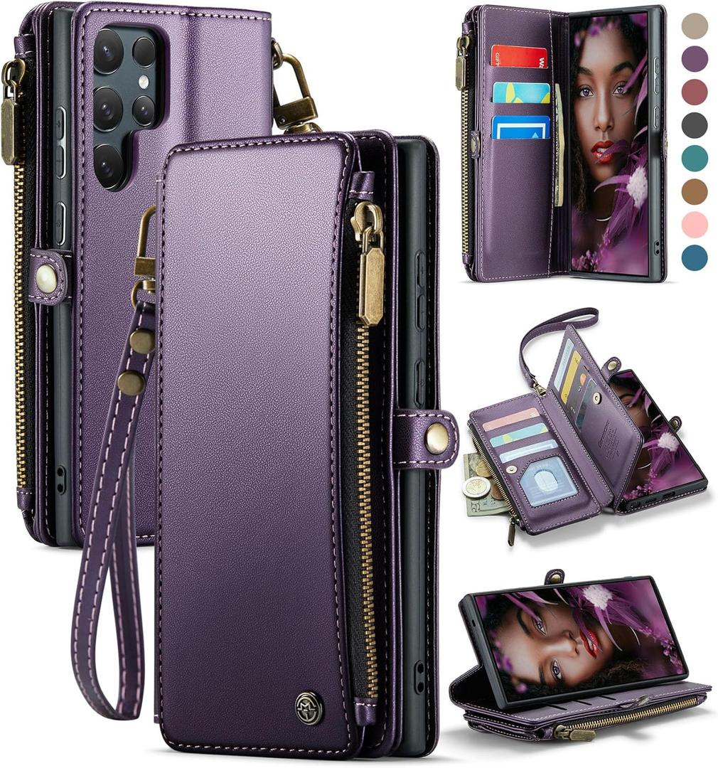 Defencase for Galaxy S25 Ultra Case Wallet with RFID Blocking Card Holder for Women Men, PU Leather Magnetic Snap Flip Wrist Strap Zipper Wallet Phone Cases for Samsung Galaxy S25 Ultra 6.9", Purple