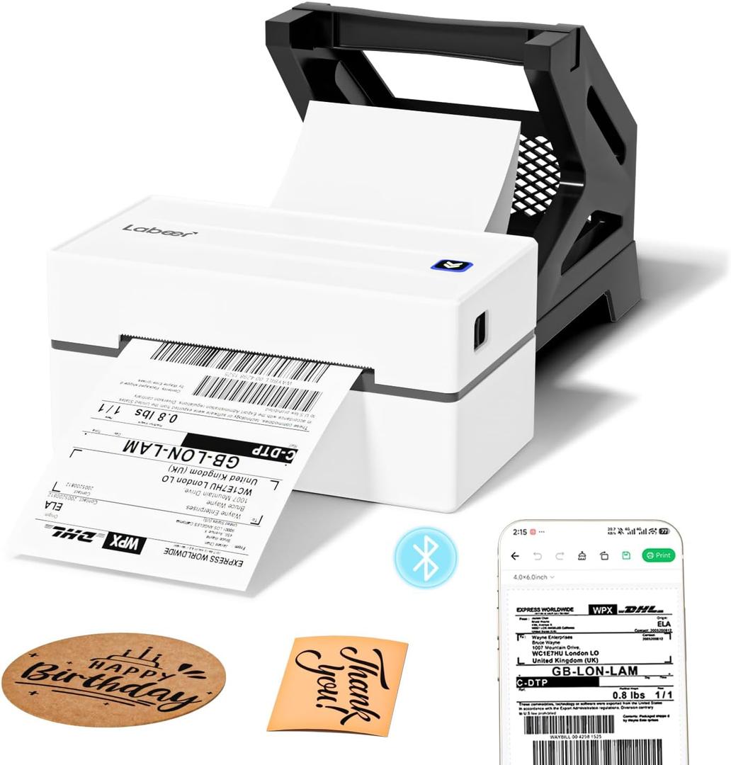 Labeer Bluetooth Thermal Shipping Label Printer, 4x6 Wireless Shipping Label Printer with Holder for Small Business, Compatible with iPhone, Android, Windows, Mac, Chromebook, USPS, Shopify (White)