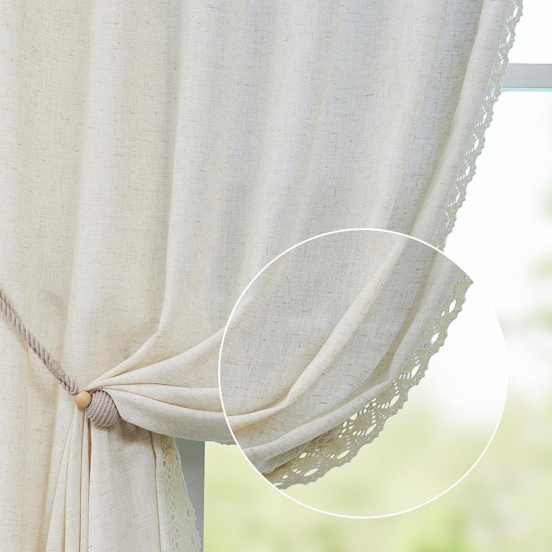jinchan Linen Curtains for Living Room Bedroom Light Filtering Semi Sheer Curtains Boho Farmhouse French Country Cottage Core Decor Window Drapes Back Tab 96 Inch Length Laced Beige
