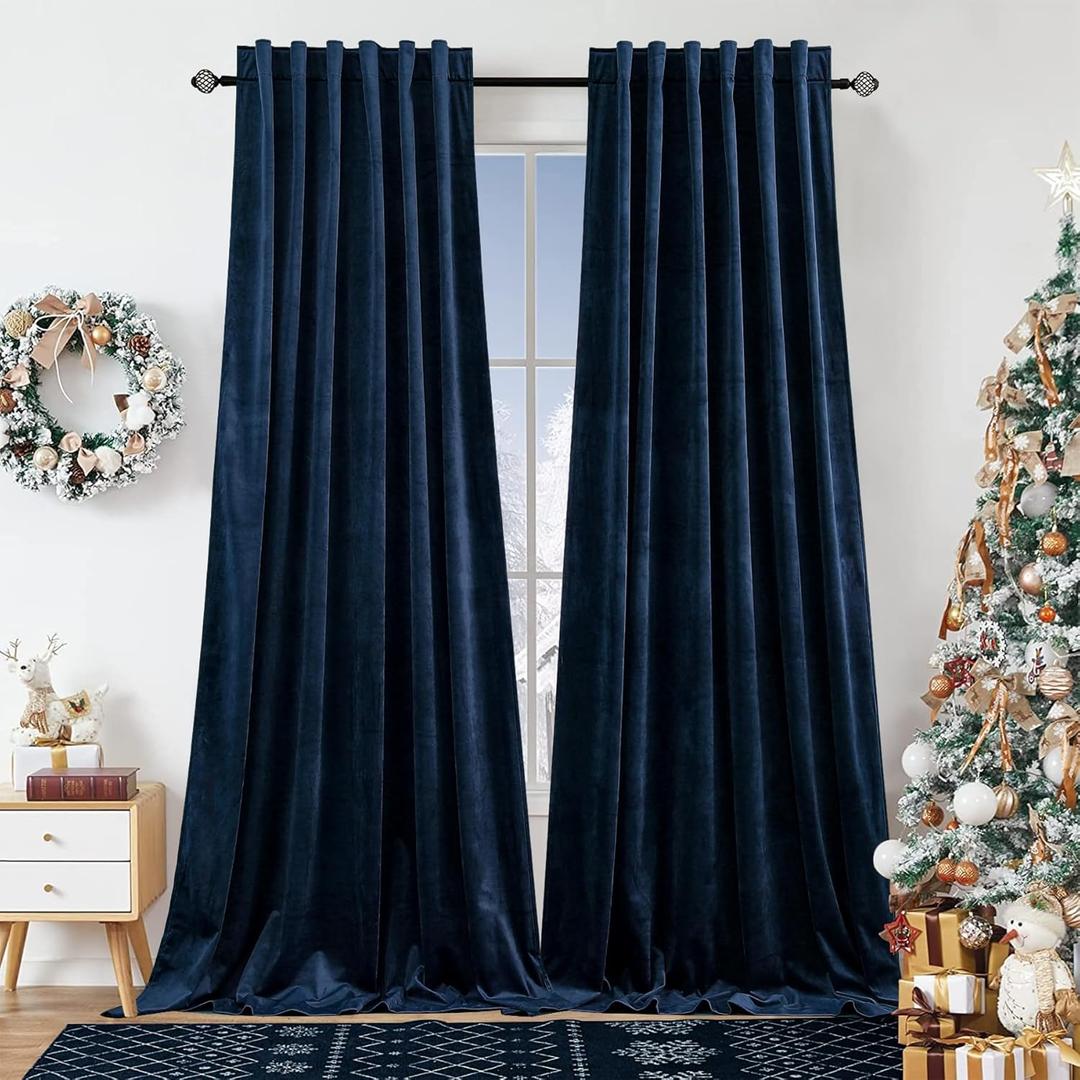 Dchola Navy Blue Velvet Curtains for Bedroom Window with Back Tab, Super Soft Vintage Luxury Heavy Drapes, Room Darkening Thermal Insulated Curtain for Living Room, W52 by L90 inches, 2 Panels (52"W x 90"L (Pack of 2), Navyblue)