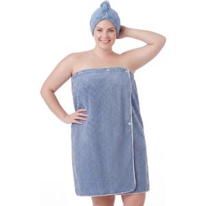 Towel Wrap for Women Plus Size (XL-2XL) with Hair Towel Wrap, Microfiber Bath Wrap Soft & Comfortable Absorb Water Body Wrap Oversized Button Design, Blue