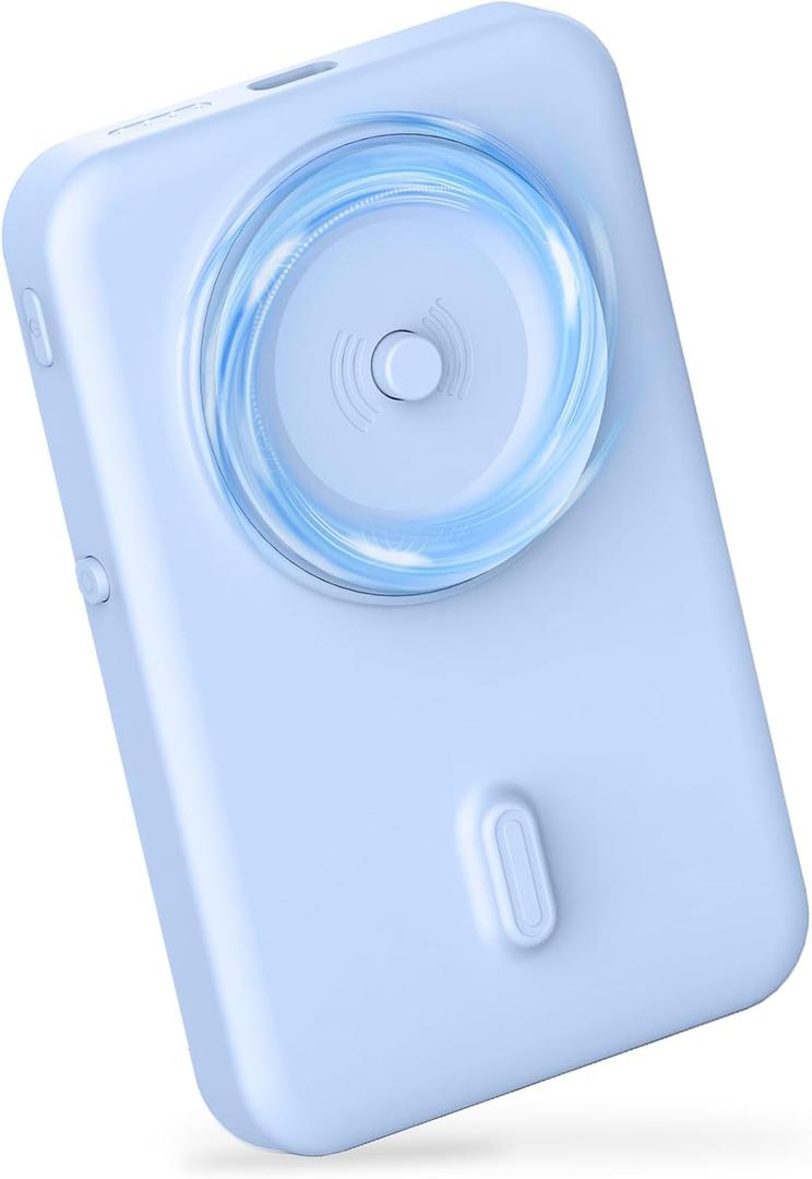 Wireless Portable Charger for Samsung, 5000mAh Ultra Slim Power Bank with Innovative Electric Suction Cup, Compatible with iPhone and Android Cell Phone, Support 22.5W USB-C PD Fast Charging, Blue