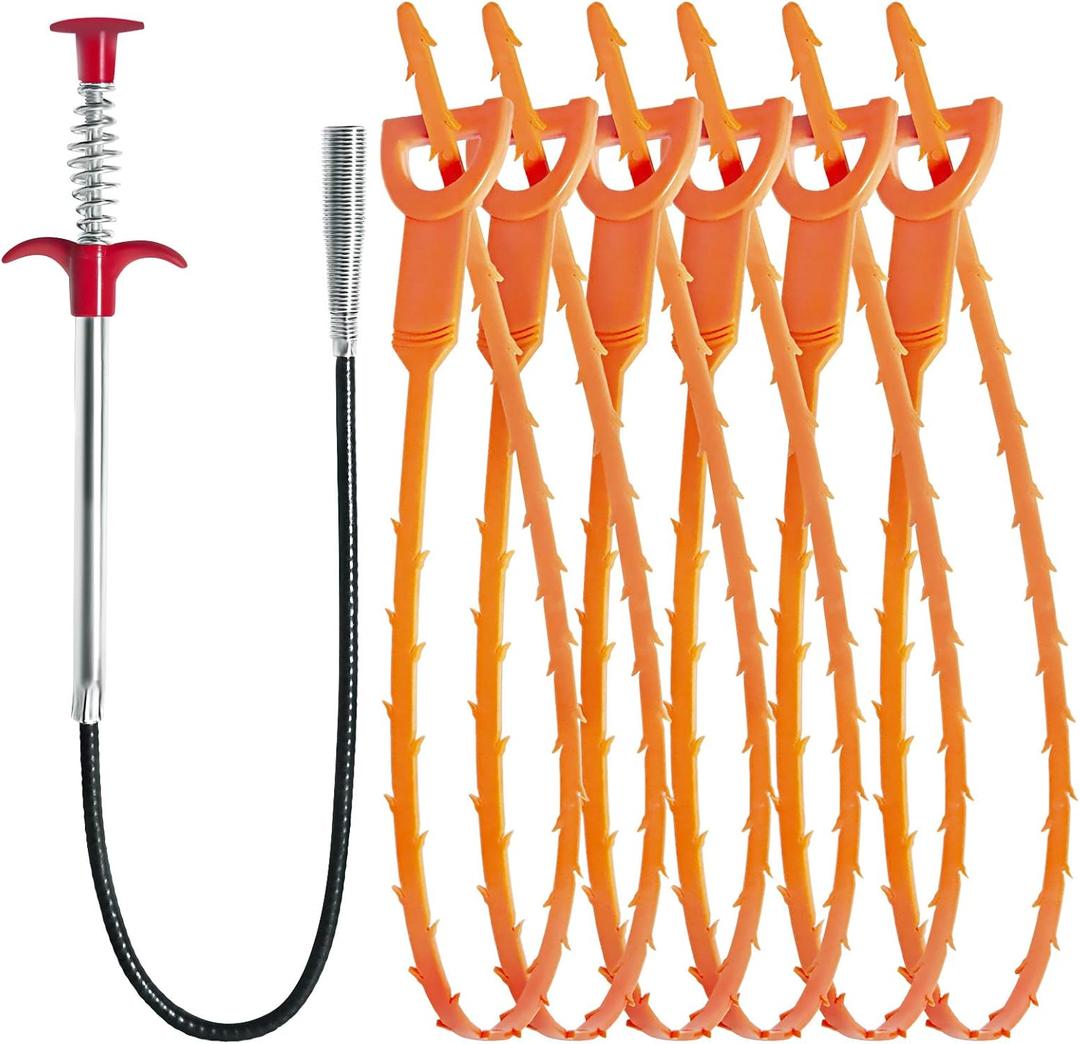 Hair Drain Clog Remover Tool  6  25-Inch Sink Snake + 1  24-Inch Drain Cleaner Tool, Plumbing Snake for Shower, Toilet, Kitchen Sink & Tub  7-Piece Hair Removal Tool Set