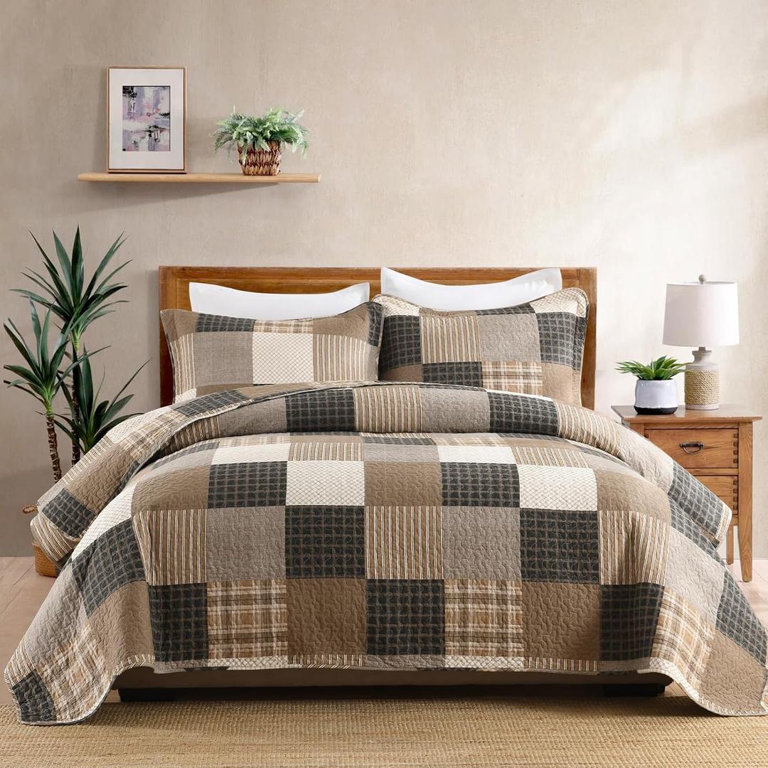 Finlonte Queen Size Quilt Set, Farmhouse Plaid Queen Comforter, Cotton Quilted Bedspread, Charcoal Beige Brown Lightweight Comforter Bedding Set for All Season, 3-Piece (Queen (90"x98"))