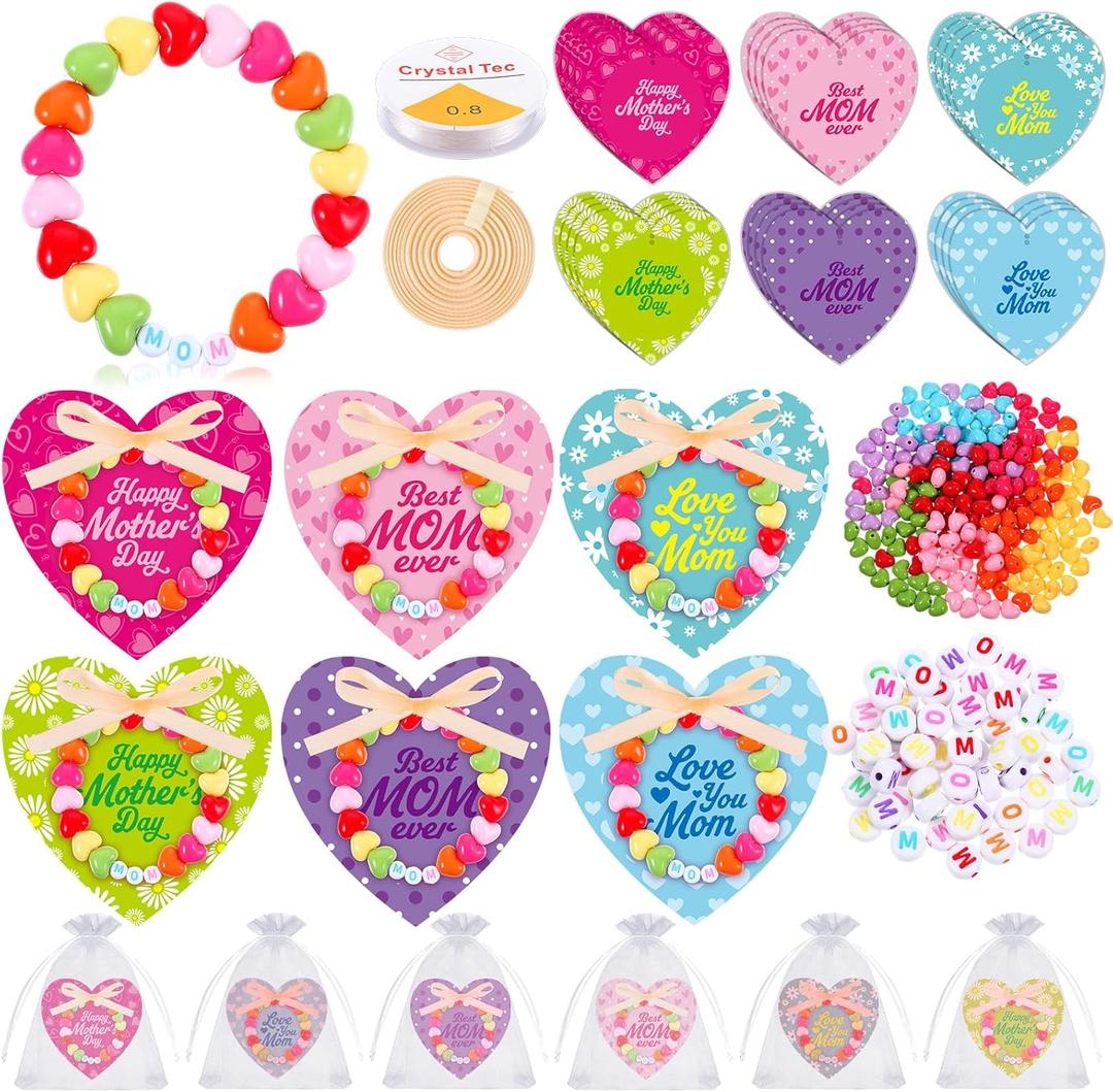 Kigeli 24 Set Mother's Day Bracelet Crafts with Colorful Heart Cards and Beads Mom Letter Beads Organza Bags Satin Ribbon for Mother's Day Party Handcrafted Personalized Gifts Jewelry Family Activity