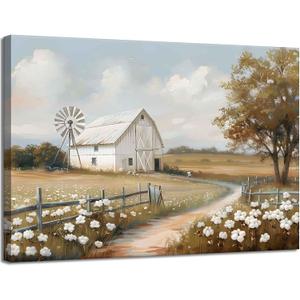 Farmhouse Barn Canvas Wall Art Rustic Farm Nature landscape Decor Pictures Retro Flower Field Meadow Barn Windmill Posters Prints for Home Decoration Bathroom Bedroom Living Room Decoration (16"L x 12"W)