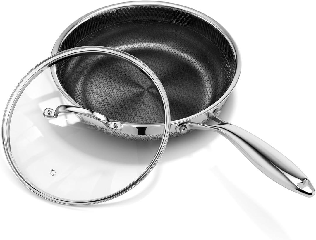 8 Inch Nonstick Frying Pan with Lid, Titanium Ceramic Tri-Ply Stainless Steel Non Stick Skillet W/Lid Small Hybrid Cooking Pan Healthy Induction Egg Frying Pan W/Stay Cool Handle, PFAS/PFOA/PTFE Free