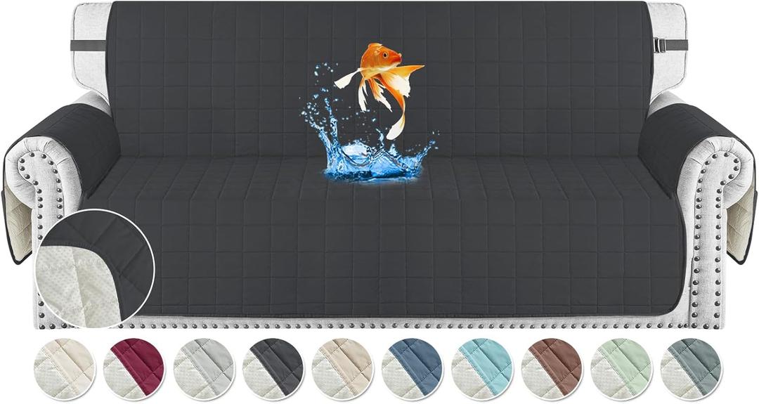 MAXIJIN Waterproof Oversized Couch Covers for 3 Cushion Couch, 79" Quilted Sofa Covers Washable Pet Dog Couch Cover Protector with Elastic Strap & Side Pocket (Large Sofa, Black)