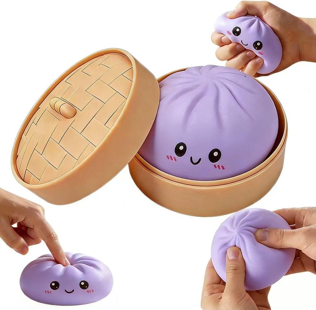 Dumpling Squishy,Dumpling Squishy Mystery Box Glitter Sensory Fidget Balls Stress Relief Hand Toy for Adults & Teens, Easter BasketStuffers with Mini Food Steamer Stretchy Desk Toys (Purple)