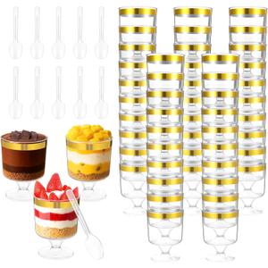100 Sets 5 Oz Mini Dessert Cups with Spoons, Clear Plastic Parfait Glasses with Gold Rim, Small Cake Shooter Cups for Party Wedding Events Supplies