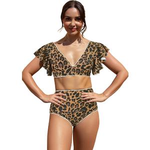 SPORLIKE Women Ruffle High Waist Swimsuit Two Pieces Push Up Tropical Print Bikini, M, Leopard