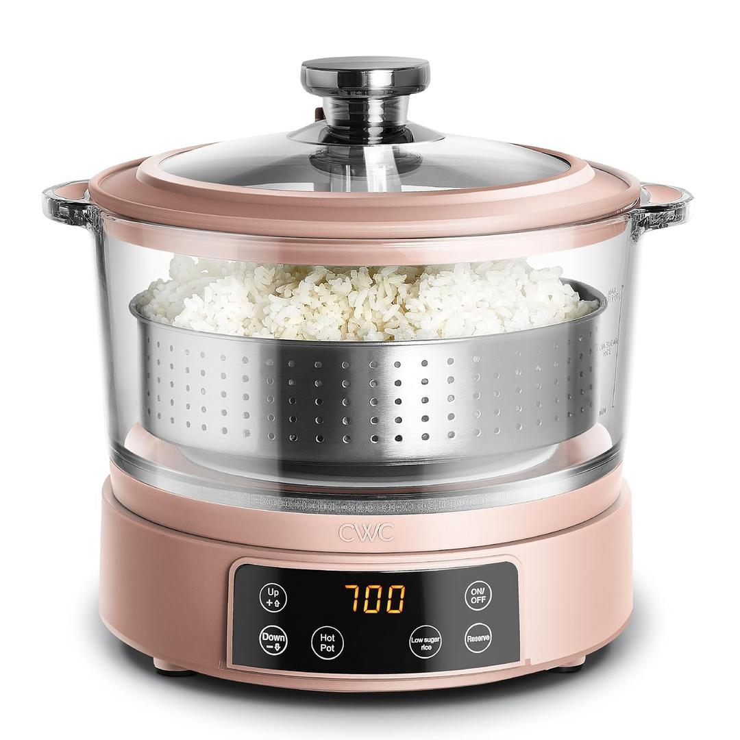 COOK WITH COLOR 3L Glass Mini Low Carb Rice Cooker Holds 2 Cups Raw/Makes 6 Cups Cooked with Auto Lift Filter Basket, Hotpot & Steamer for Rice, Grains, Digital Panel with Keep Warm, Dusty Rose