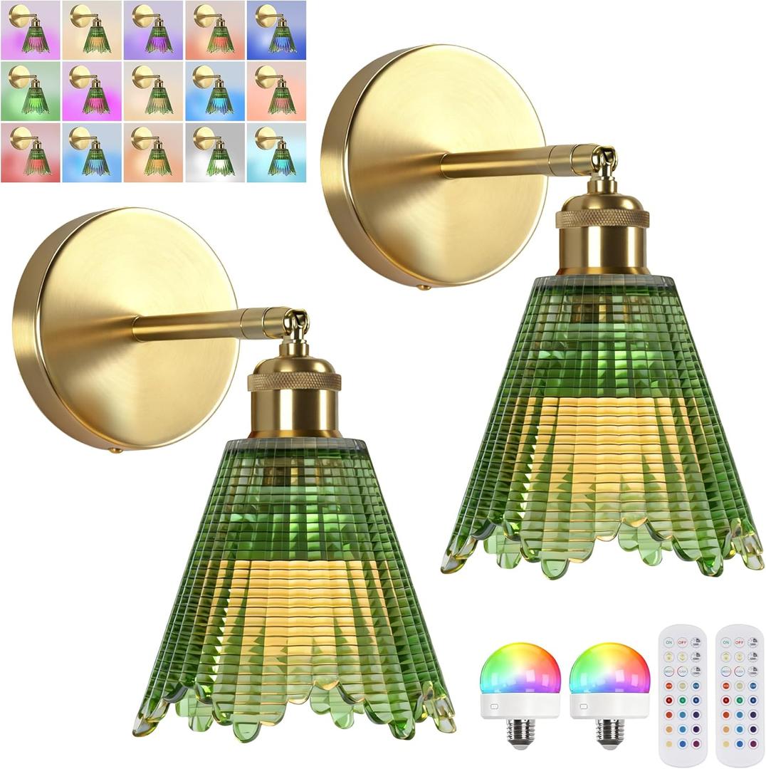 Vintage Battery Operated Wall Sconce with Green Crystal Grid Glass Lampshade Rechargeable Battery Powered Wall Light with Remote Control for Bedside Bedroom Bathroom, Set of 2