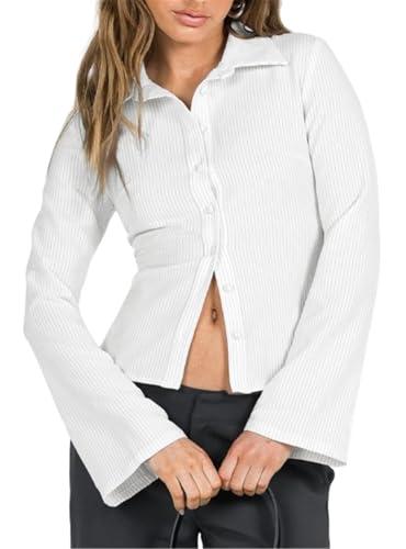 ECHOINE Women Button Down Shirts Long Sleeves Slim Fitted Casual Collared Blouses Work Striped Tops White M