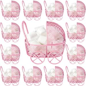 Threehoney 12 Pcs Baby Shower Mini Carriage Decoration Pink Metal Wired Fillable Candy Stroller Baby Shower Table Centerpiece for Guest Gender Reveal Wedding Party Favor Gift
