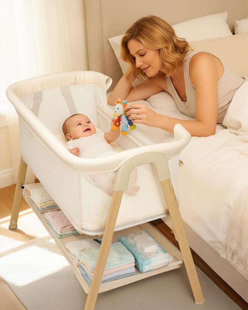 Baby Bassinet, Bedside Bassinet for Baby, Bassinet Bedside Sleeper with Mattress, Storage Basket and 4 Auto-Lock Wheels, Full-Mesh Sides, Bedside Mini Crib for Newborn (Beige)