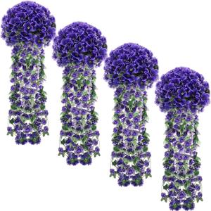 XunYee 4 Pack Artificial Hanging Flowers for Outdoor Violet Fake Hanging Plant 5 Petal Silk Violet Simulation Plant Royal Faux Artificial Flowers for Wedding Home Garden Indoor Spring Decor(Purple)