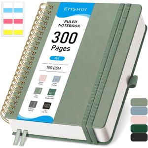 EMSHOI A4 Spiral Notebook College Ruled, Large 8.27"x11.2", Thick 300 Numbered Pages 100GSM Ink-Proof, Faux Leather Hardcover Lay-Flat Lined Journal for Work Office School Writing, Light Green