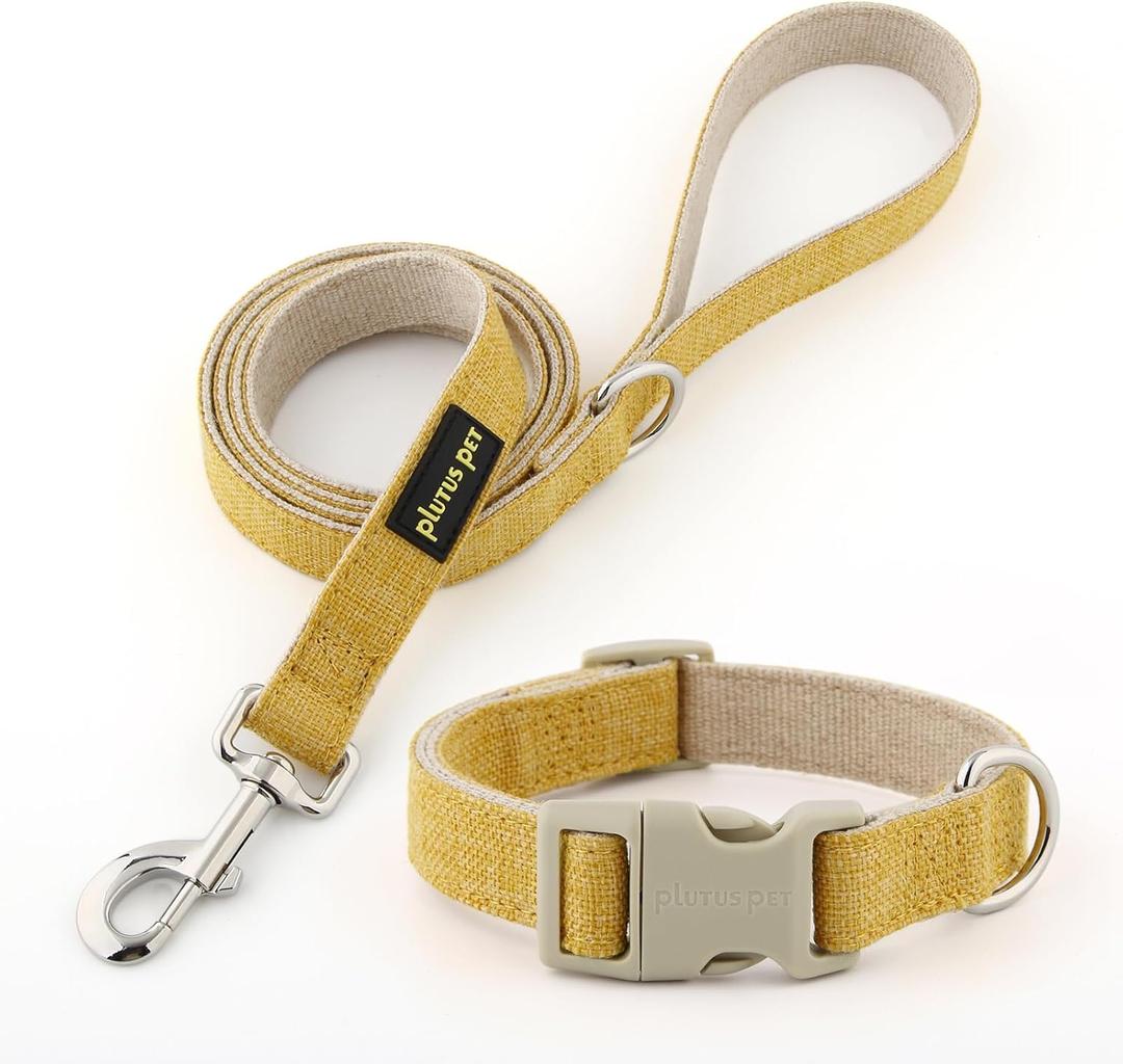 Plutus Pet Cotton Hemp Dog Collar and Leash Set, Adjustable Collar for Small, Medium, and Large Dogs, Heavy Duty and Soft on Skin, Yellow, Large