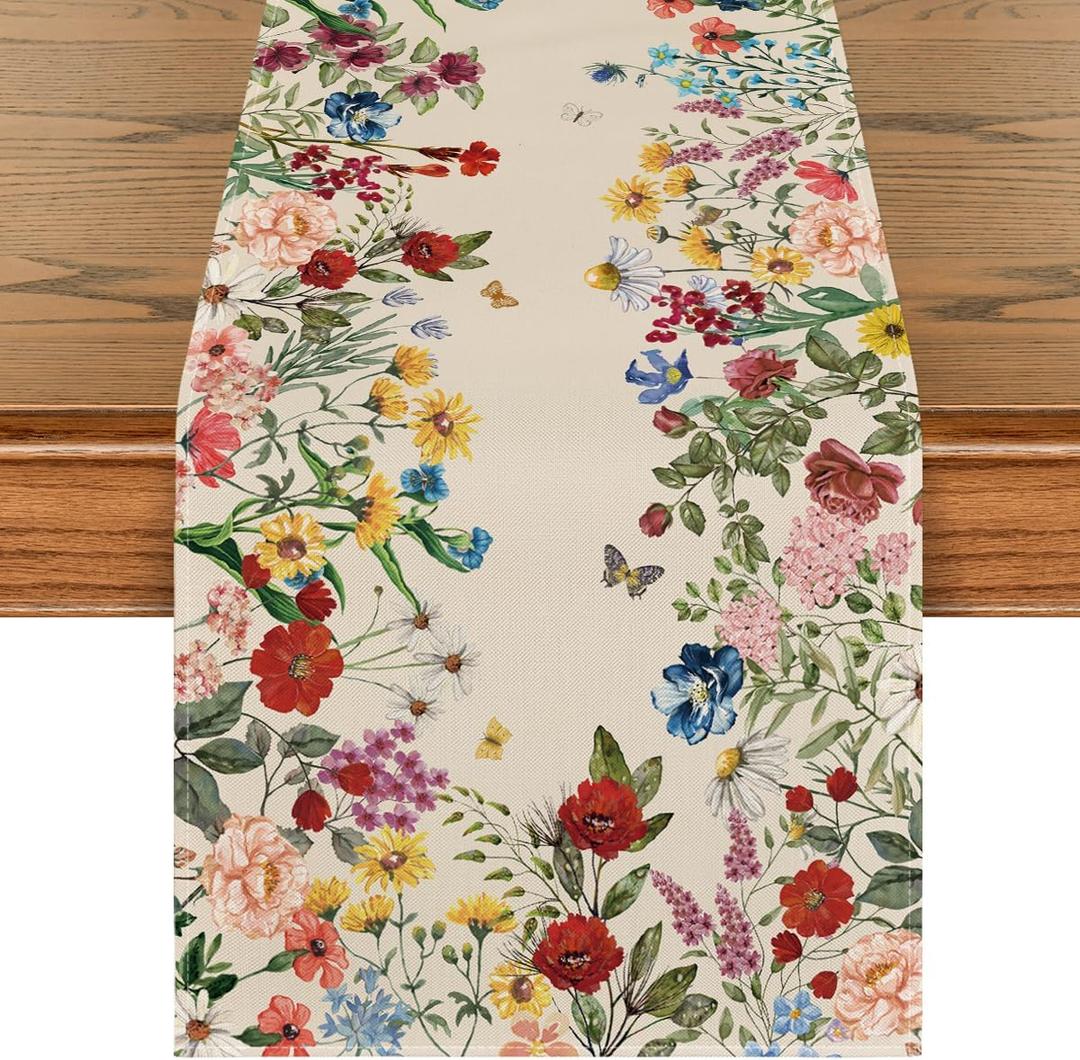 Artoid Mode Plants Floral Butterfly Valentine's Day Table Runner, Anniversary Wedding Kitchen Dining Table Decoration for Home Party Decor 13x72 Inch (Beige)