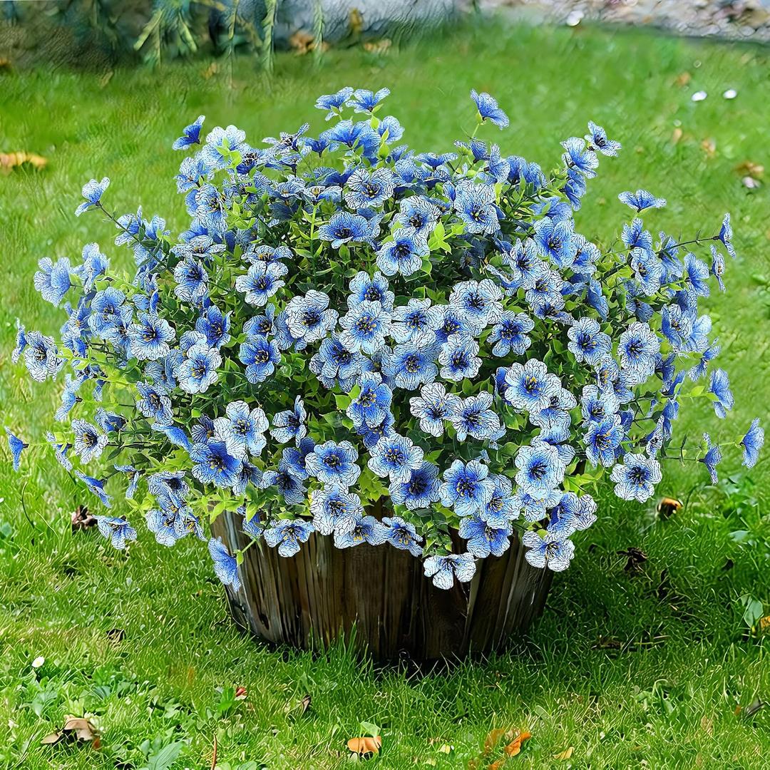 Sggvecsy Artificial Flowers for Outdoors 12 Bundles Realistic Faux Plants UV Resistant Fake Silk Daisy with Eucalyptus for Boxwood Planter Patio Porch Outside Spring Summer Decoration(Blue)