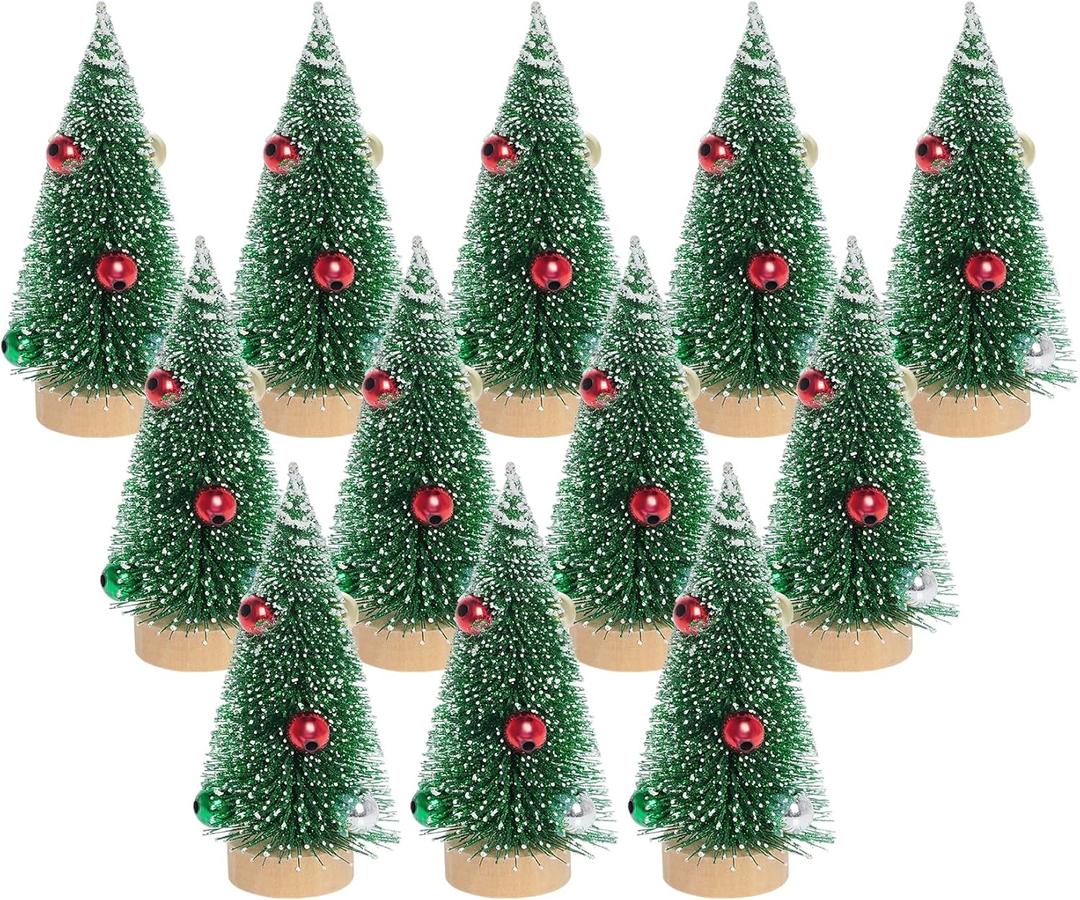 Yookat 12Pcs Mini Christmas Trees Small Sisal Trees Mini Pine Trees with Wood Base Mini Bottle Brush Trees Artificial Mini Christmas Trees Assorted Color for Christmas Winter Decoration (Green)