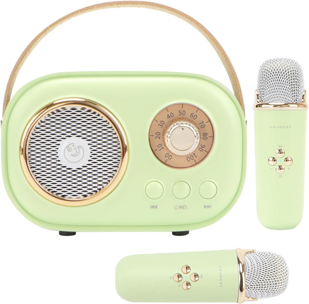 Mini Karaoke Machine for Kids,Portable Bluetooth Speaker with 2 Wireless Microphone,Toys for Girls Boys Gifts,Retro Speaker Set Stereo Sound Enhanced Bass for Home Party Birthday (Green)