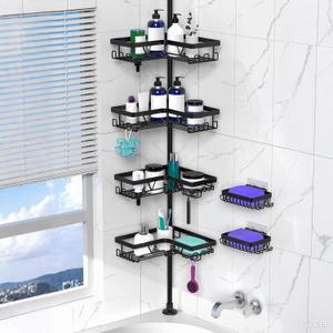 Tension Pole Shower Caddy Corner with 2 Soap Holders, 4 Tier Bathroom Shower Organizer Floor to Ceiling 25-114 inch, Adjustable, Multiple Hooks, Stable Base, Rustproof, Black