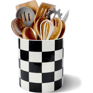 Utensil Holder for Kitchen Counter 6.7" Ceramic Utensil Holder Deep and Stable ,Kitchen Utensil Organizer, Modern Checkered Utensil Holder for Decor