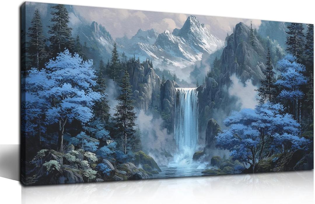 Blue Tree Forest Waterfall Wall Art Nature Landscape Canvas Print Painting, 40"L x 20"W