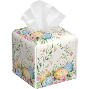 Easter Eggs Tissue Box Cover Spring Botanical Flowers Square Leather Tissue Holder Decorative Facial Tissue Cube Paper Cover Case Organizer for Bathroom Night Stands Desk Tabletop Living Room Home