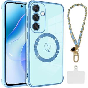 OOK Magnetic Phone Case for Samsung Galaxy S25 6.2 Inch [Wireless Charging Compatible] Soft TPU Heart Design Shockproof Protection Electroplated Slim Case with Strap Lanyard - Blue