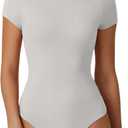 QINSEN Women's Crew Neck Short Sleeve Bodysuit Double Lined Body Suits Basic T-shirt Tops (Medium)