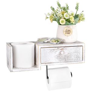 Sumnacon Wood Toilet Paper Holder - Rustic Toilet Paper Holder Wall Mount - Vintage Toilet Paper Holder with Shelf for Bathroom, Kitchen Decor, Whitewash