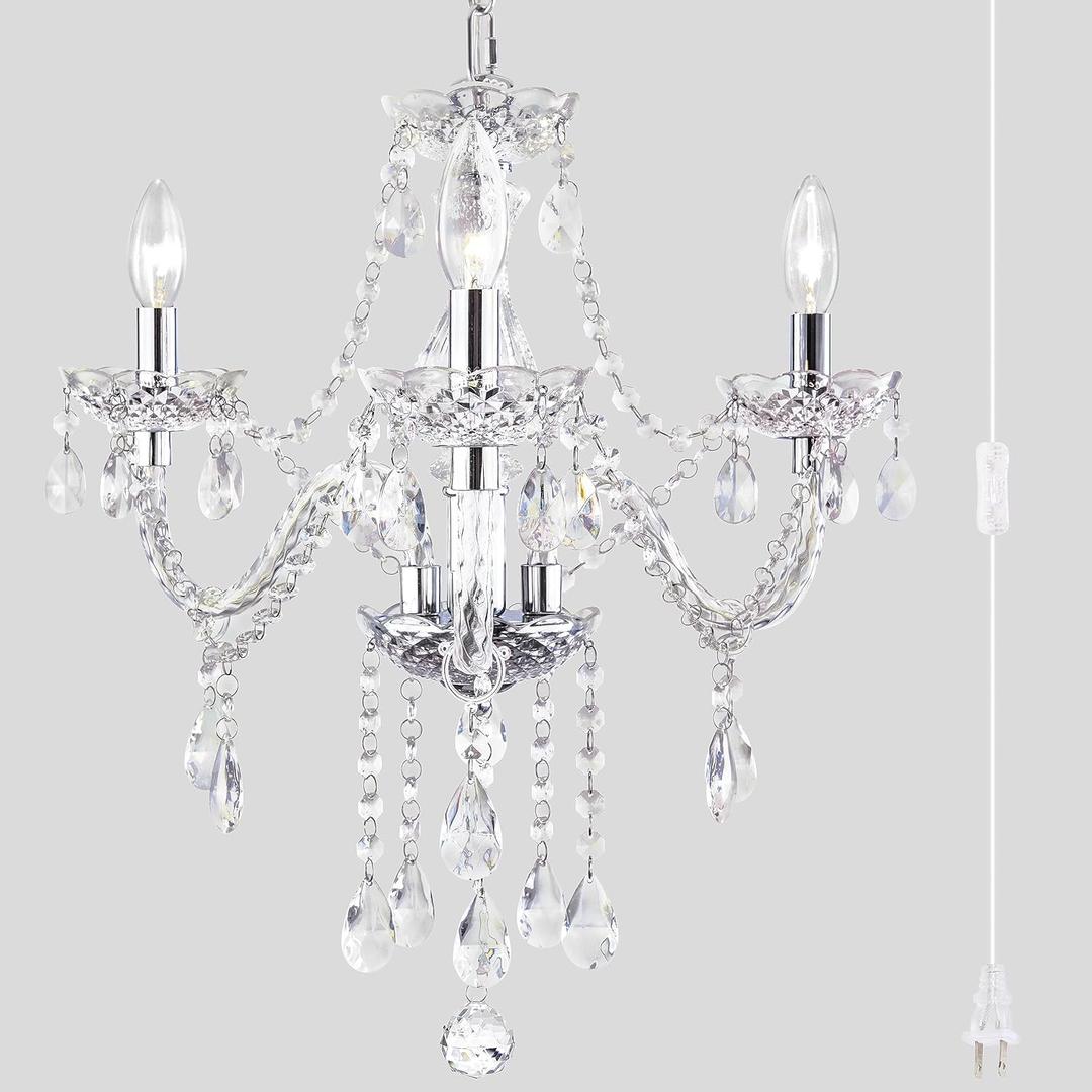 Plug-in 3 Light Crystal Hanging Pendant Lights Acrylic Chandelier with Clear Cord & On/Off Switch H19 D19 for Kitchen Island Girls' Room Dining Area Laundry Pavilion.
