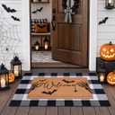 Halloween Welcome Door Mat Combo Set, Skeletal Hand Coco Coir Doormat -28" x 43" Black and White Plaid Rug, Autumn Front Porch Entryway Decor Floor Mat
