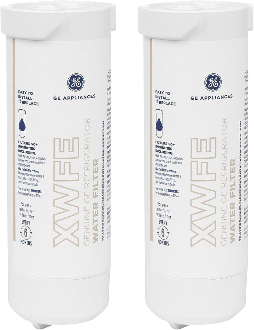 GE XWFE Refrigerator Water Filter, Genuine Replacement Filter, Certified to Reduce Lead, Microplastics, PFOA/PFOS, and 50+ Other Impurities, Compatible with GE Appliances Brands, Pack of 2