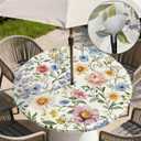 Yesad Round Outdoor Tablecloth with Umbrella Hole, Zippered Fitted Tablecloth with Elastic Edge, Waterproof Table Cloth Cover for Picnic Party Fits 53"-60" Round Table, Colorful Wildflower