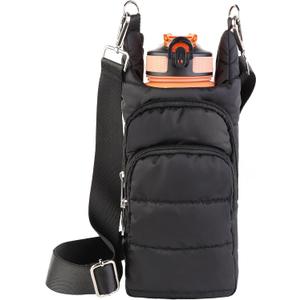 Water Bottle Holder with Strap Water Bottle Carrier Bag Quilted Puffer Hydrobag Sling Purse Crossbody Bags for Women (Black)