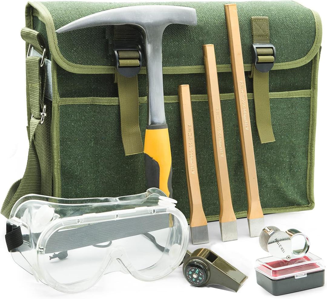 INCLY Rock hounding Geology Hammer Tool, 32oz Rock Pick Hammer, 3 PCS Digging Chisels Kit, Hounding Equipment Set with Musette Bag, Compass, Whistle for Gold Panning Gem Mining